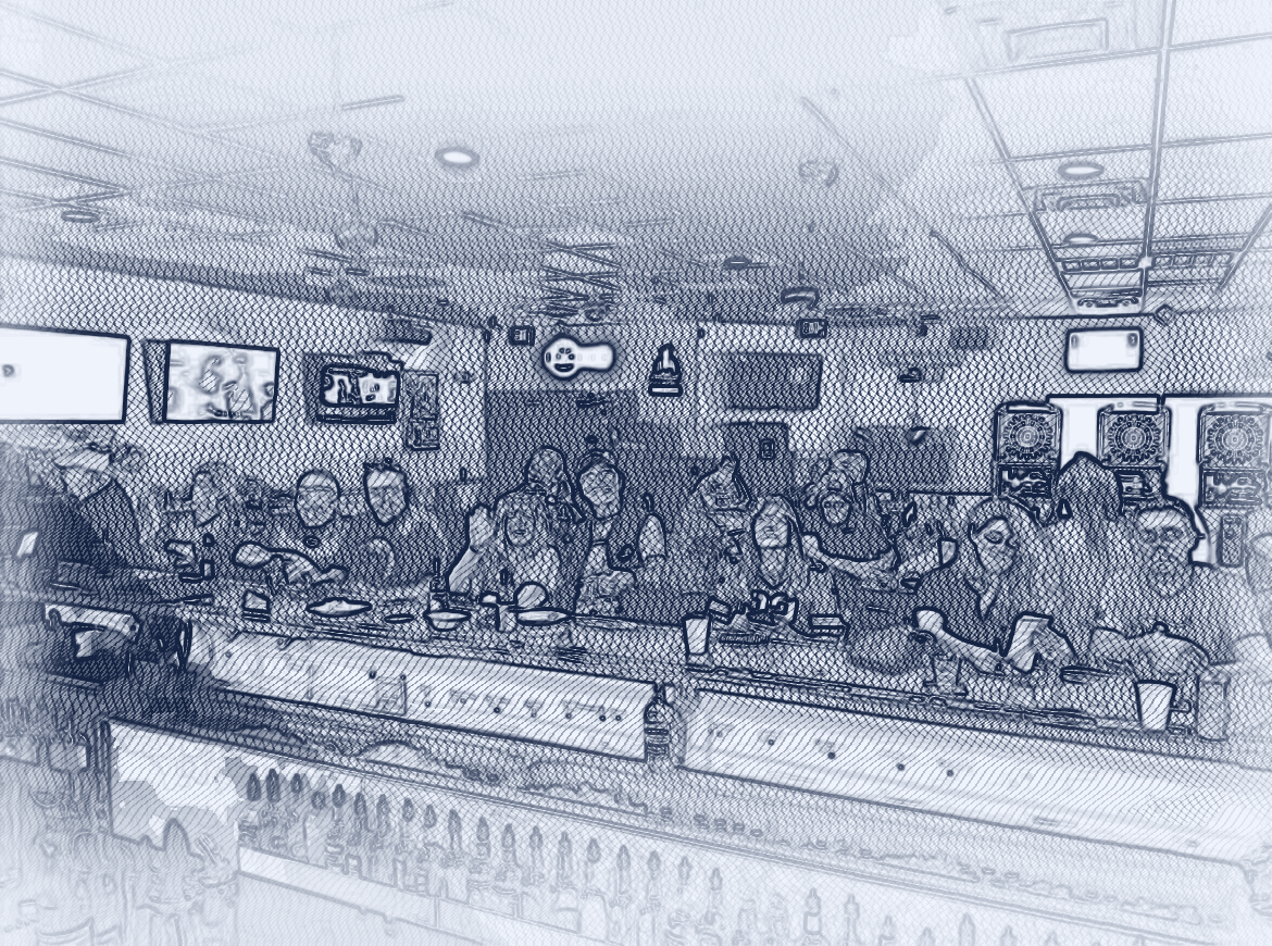 Hand-drawn cross-hatch sketch of the regulars at Joe Whiskey's bar